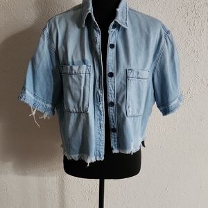 Light Blue Denim Crop Top with Frayed Hem